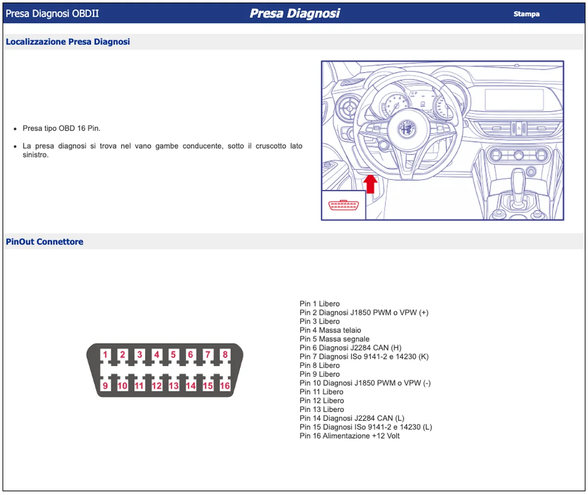 Sema Repair: localizzazione della presa diagnosi OBD sul cruscotto e pinout completo del connettore a 16 pin