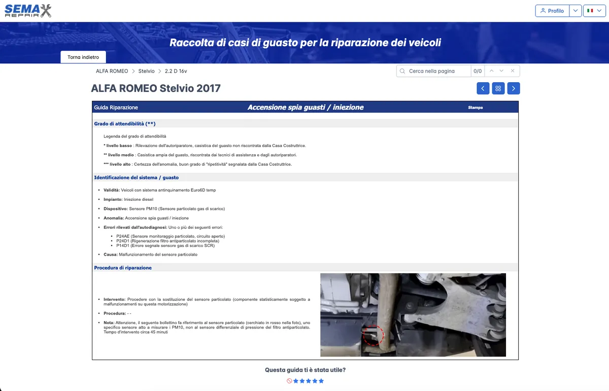 Scheda Sema Repair per accensione spia guasti su Alfa Romeo Stelvio: identificazione del sistema, codici P24AE e P24D1, procedura di riparazione con foto del sensore particolato