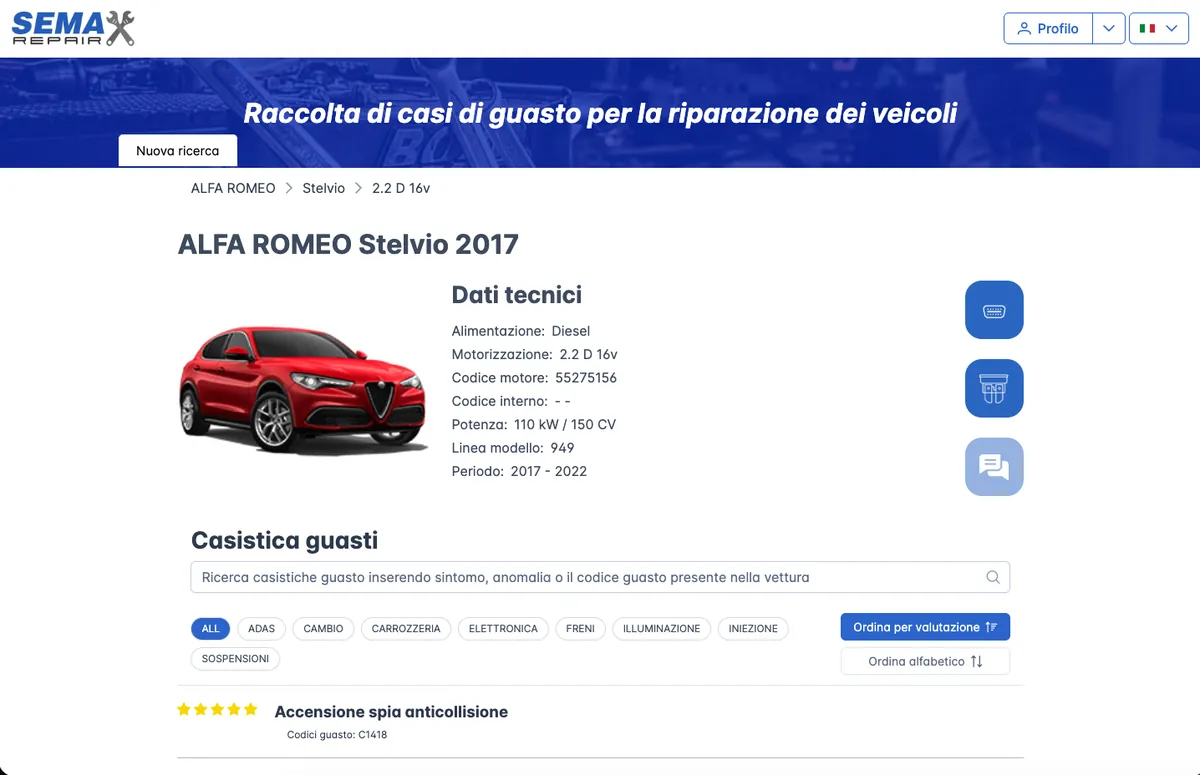 Sema Repair: scheda di un Alfa Romeo Stelvio 2017 con dati tecnici della motorizzazione e casistiche guasto filtrate per sistema